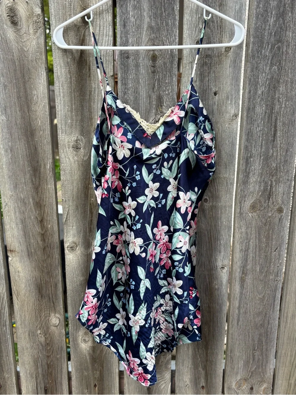 Vintage Navy Floral Satin and Lace Slip Dress - Picture 4 of 5
